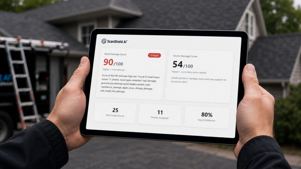 Hands holding a tablet, showing a sample roof report from ScanShield AI