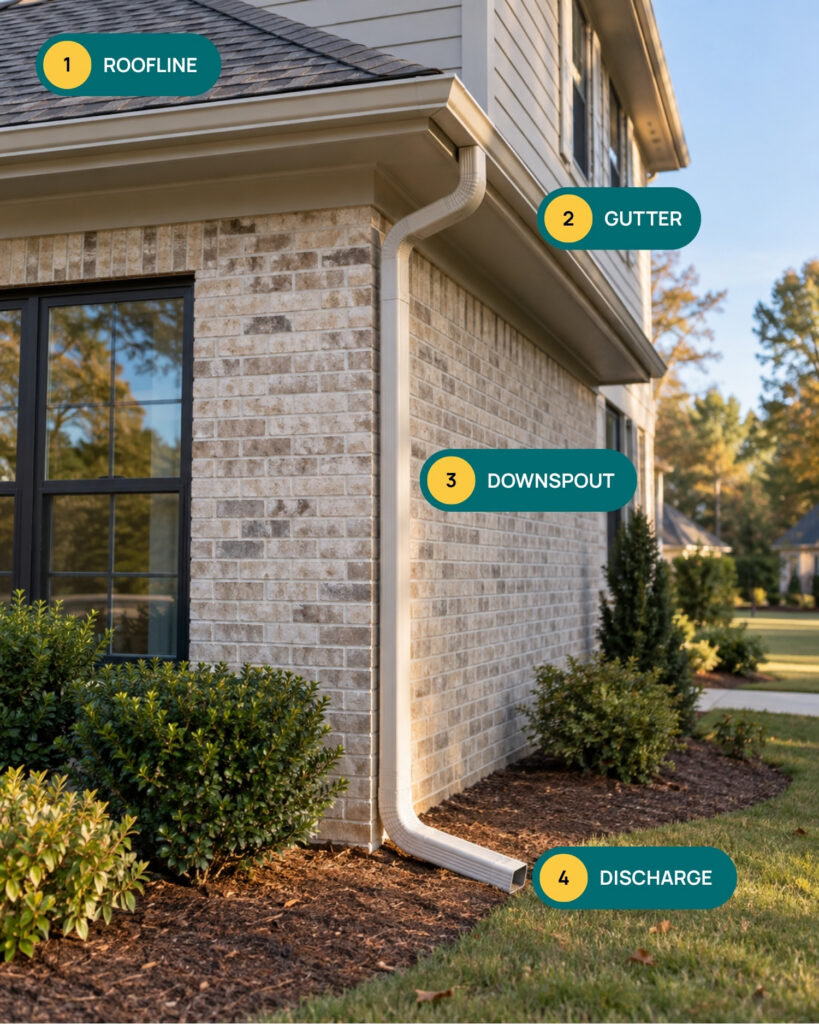 Residential gutter system showing the roofline, seamless gutter, downspout and ground-level discharge point directing water away from the foundation.