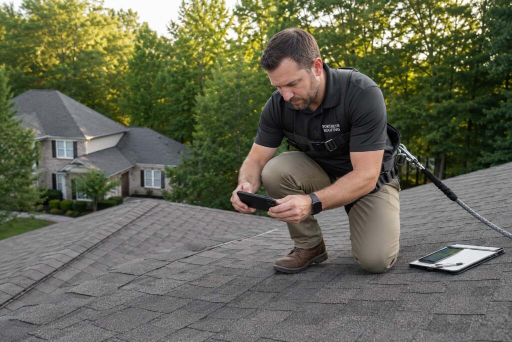 Man in a harness, holding a smartphone taking pictures of shingles on top of a roof