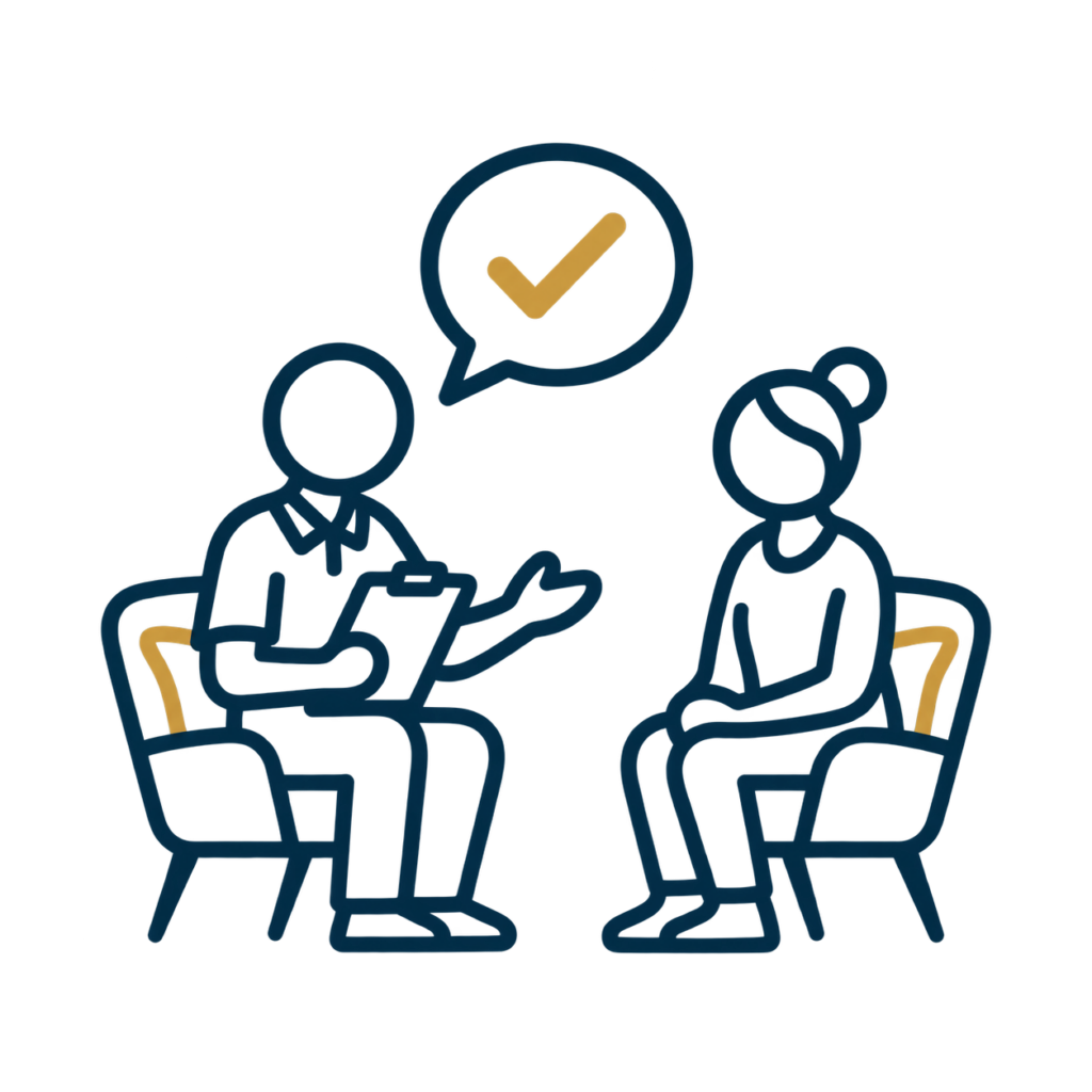 Icon of two people sitting opposite of each other, having a consultation